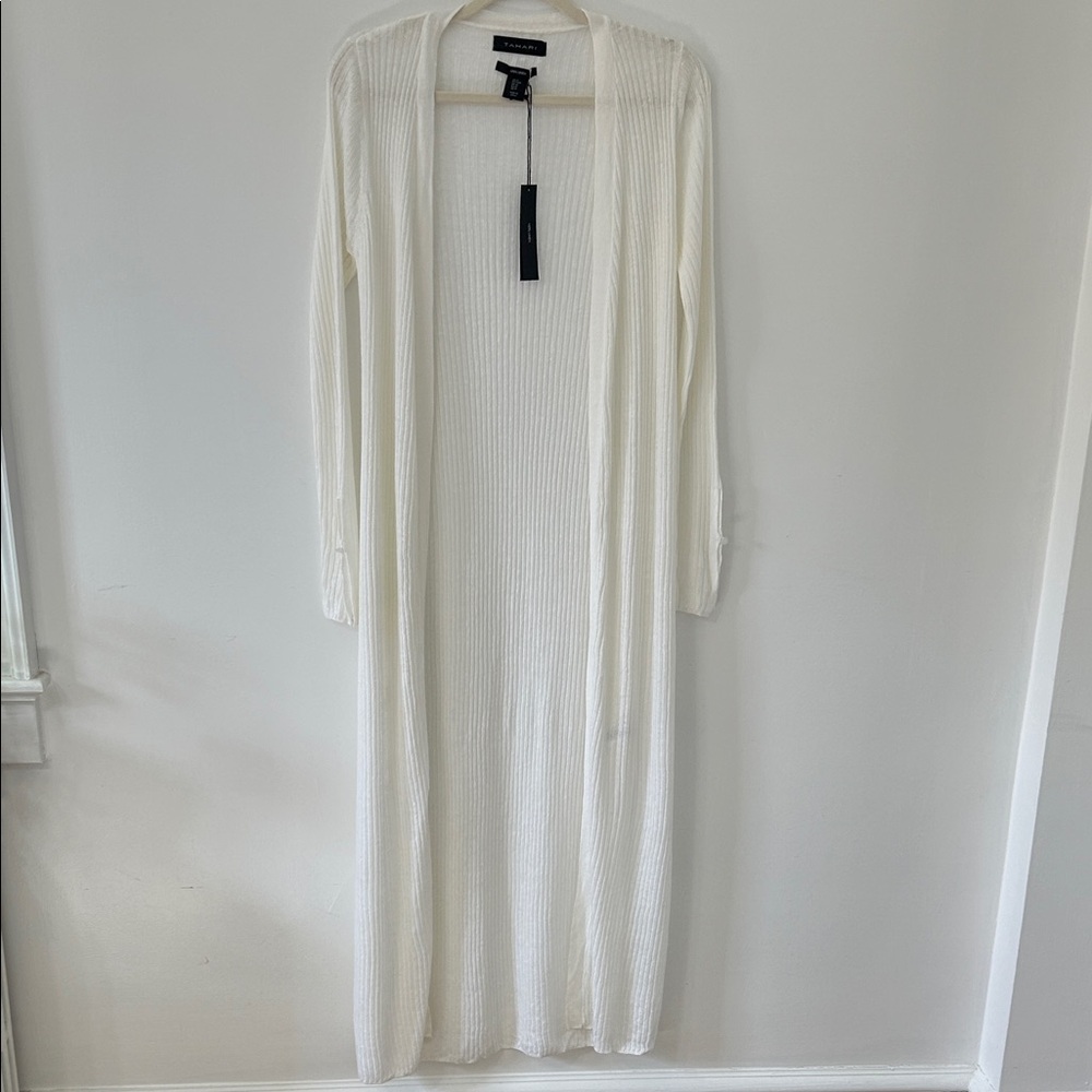 Tahari Sweater Women’s M White Linen Open Front Duster Romantic Feminine - Picture 14 of 16